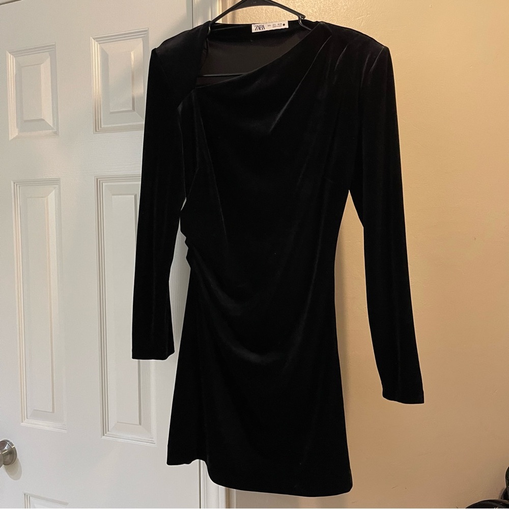 Zara Draped Black Velvet Dress, Size L - Picture 2 of 4
